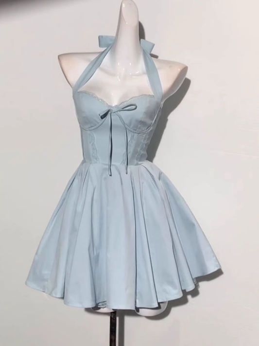 Blue Halter Neck A Line Short Birthday Dress Homecoming Dress  S215