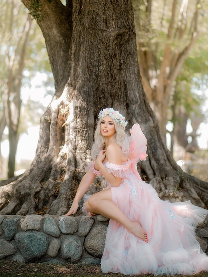 Fairy A Line Off the Shoulder Sequin Pink Tulle Long Prom Dress Evening Dress with Slit SH2214