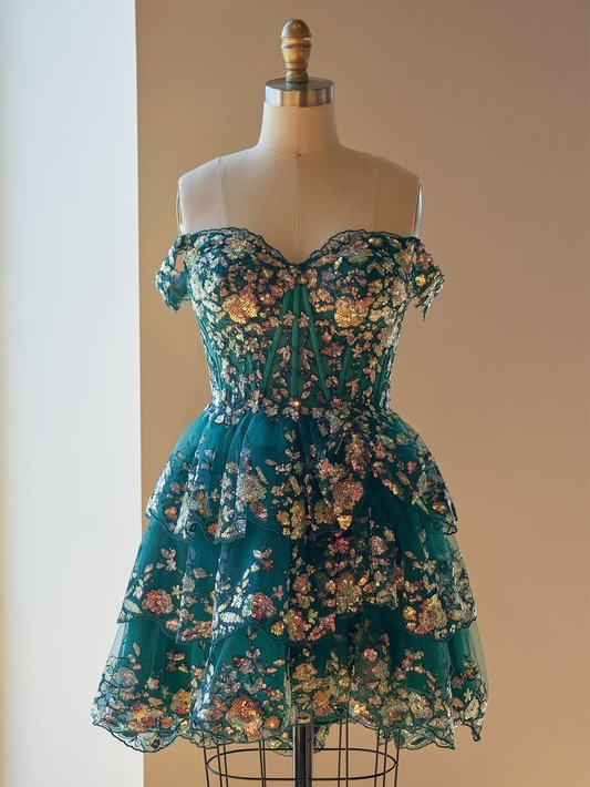 Unique Green A-Line Sweetheart Tulle Sequin Tiered Short Homecoming Dress Cocktail Dress S439