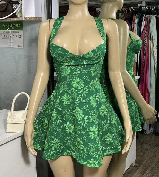 Vintage Green Straps Satin Print Floral A Line Homecoming Dress Sexy Backless Cocktail Dress S775