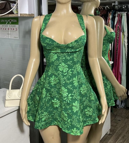 Vintage Green Straps Satin Print Floral A Line Homecoming Dress Sexy Backless Cocktail Dress S775