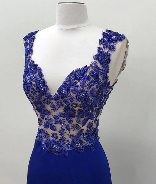 Vestido de fiesta largo de sirena con escote en V en azul real, vestido formal azul TP50