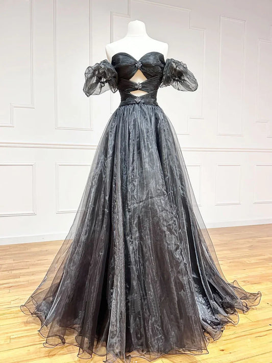Vestido de fiesta largo de tul negro con hombros descubiertos y corte en A, vestido de noche formal negro TP33