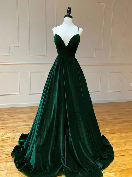 Vestido de fiesta largo de terciopelo verde, corte A, sencillo, vestido formal largo verde TP30