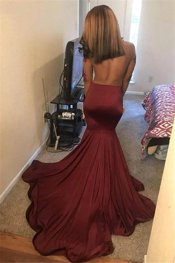 Vintage Burgundy Applique Mermaid Evening Gown Long-sleeved Backless Mermaid Prom Dresses TP51