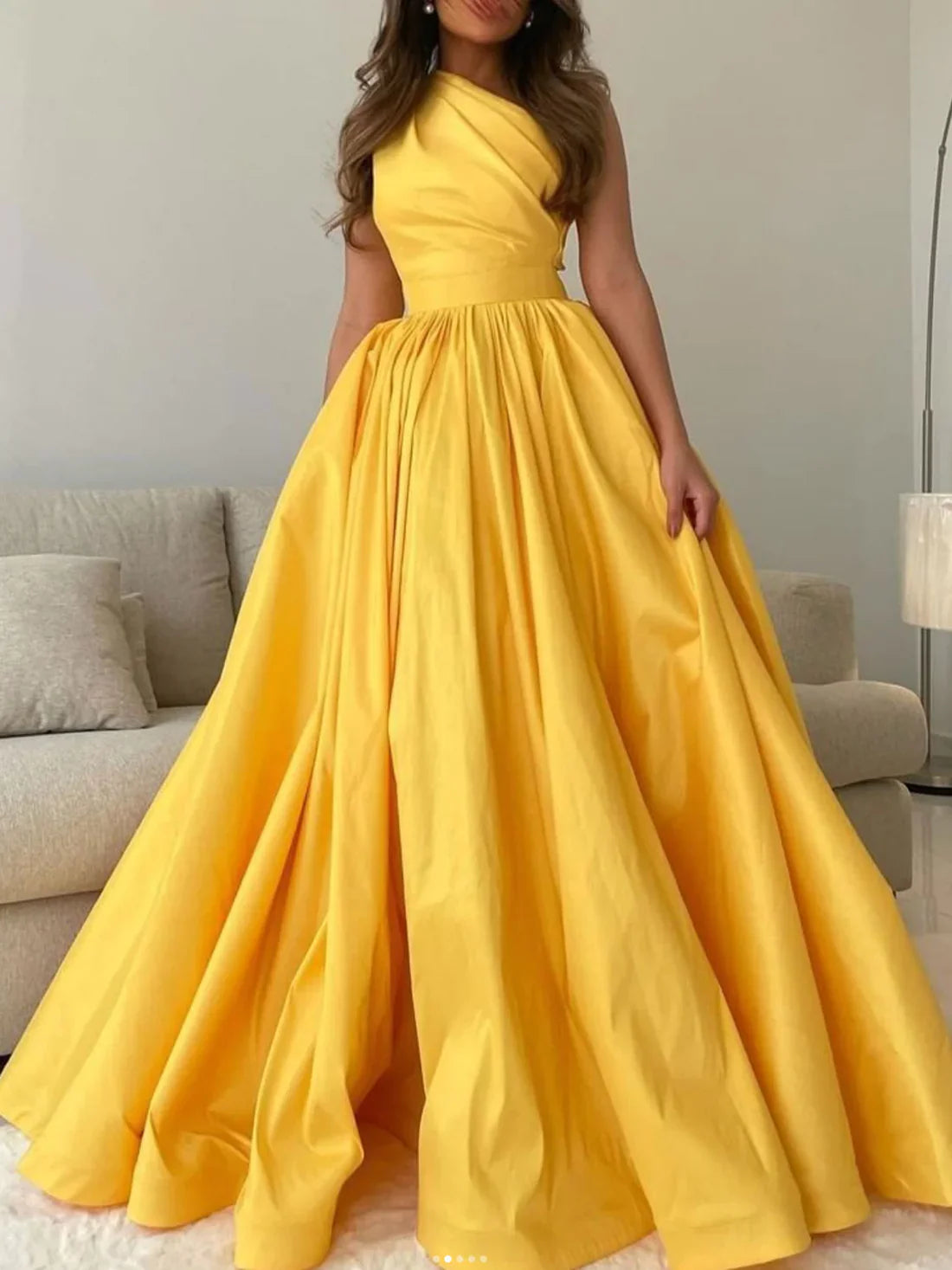 Vestido de fiesta largo de satén amarillo sencillo con un solo hombro, vestido formal amarillo TP38