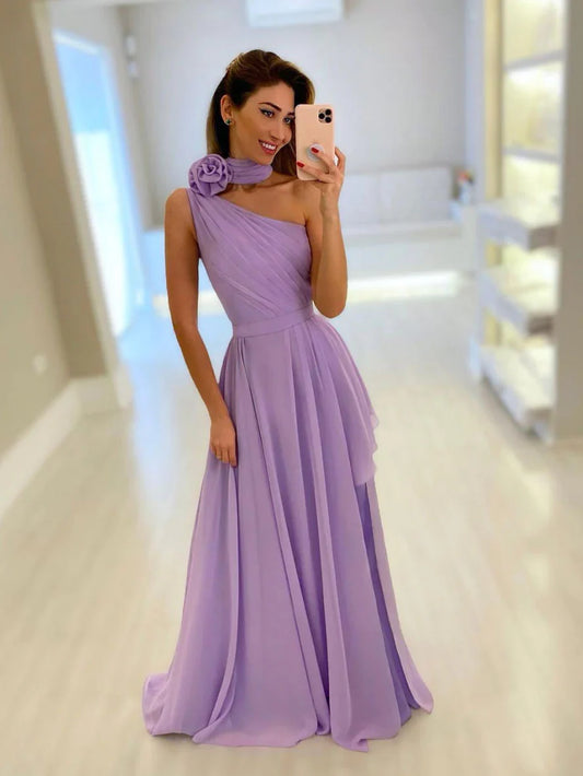 Vestido de fiesta largo de gasa morado sencillo con un solo hombro, vestido de noche morado TP43