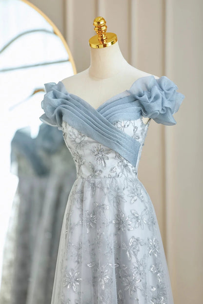 Blue Romantic Elegant Delicate Floral Long Tulle Ball Gown Evening Dress Party Dress Bridesmaid Dress Prom Dress gh3995