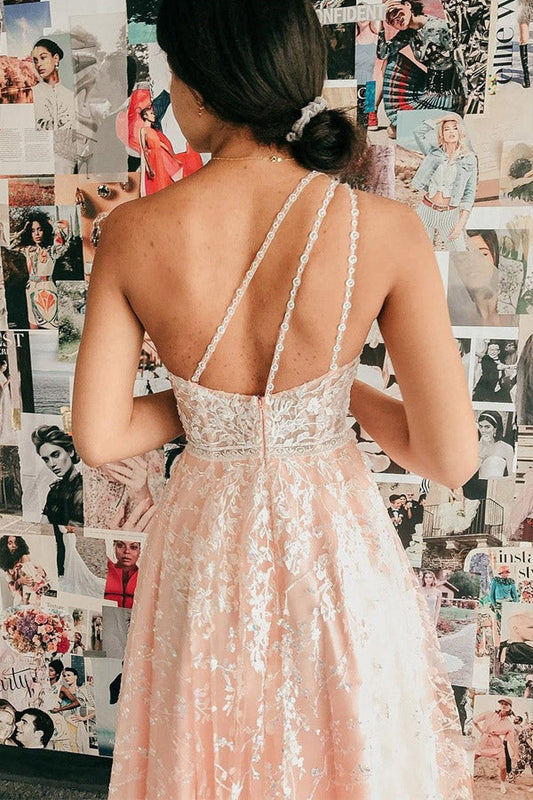 A Line One shoulder Pink Long Prom Dress,Lace Evening Dress,WP406