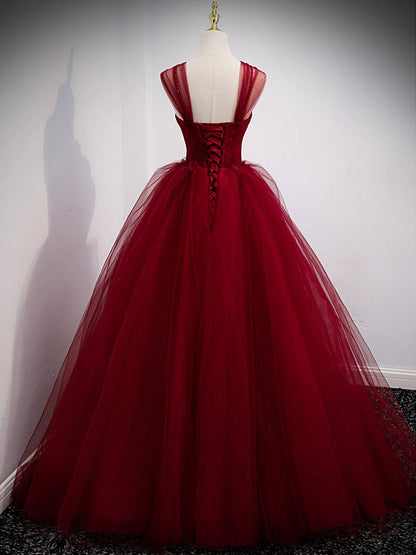 Vestido de fiesta largo de tul con escote corazón color burdeos, vestido de noche color burdeos