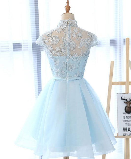 Vestido de fiesta corto de tul azul con encaje, vestido de fiesta de bienvenida de tul azul con encaje