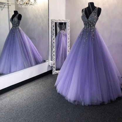 A Line V Neck Purple Tulle Long Prom Dress With Beads,WP011