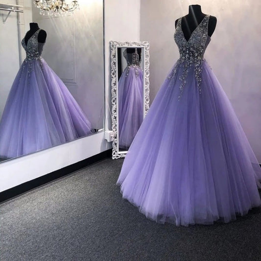 A Line V Neck Purple Tulle Long Prom Dress With Beads,WP011