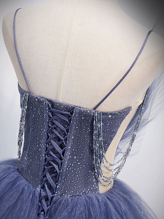 Vestido de fiesta largo de tul con lentejuelas y escote en V azul, vestido de noche azul