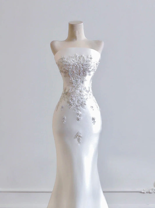 shopuniqlos--White exquisite beaded long satin prom wedding dress gh5483