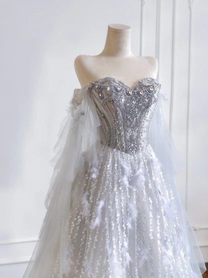 shopuniqlos--Gray purple gorgeous feather tulle and diamond exquisite beading long tulle prom dress wedding dress gh5486