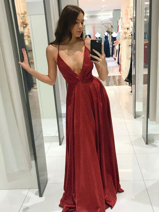 Vestido de fiesta largo sencillo con escote en V y corte A, vestido de noche color burdeos