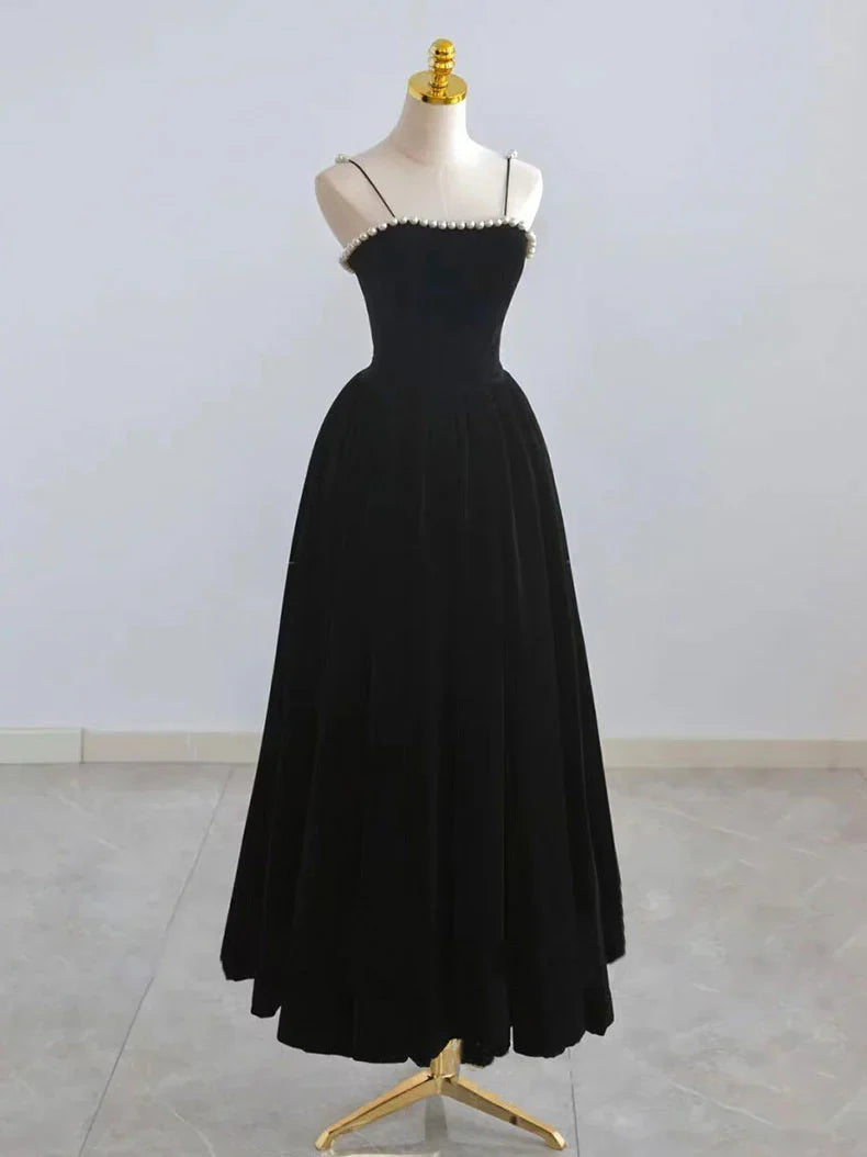 Vestido de fiesta de terciopelo estilo retro burdeos con tirantes finos y cuentas, corte A, TP4058