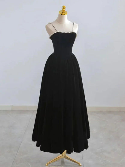 Vestido de fiesta de terciopelo estilo retro burdeos con tirantes finos y cuentas, corte A, TP4058