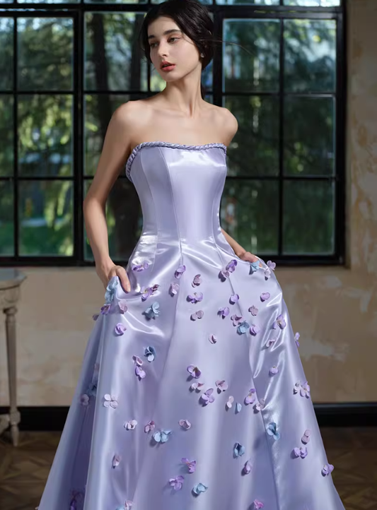 Romantic Purple A Line Strapless Appliques Satin Long Evening Dress Gown Dress SH3588