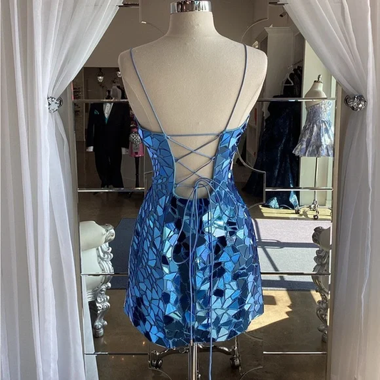Gorgeous Blue Sequin Sheath Cocktail Dress Spaghetti Straps Short Homecoming Dress S437
