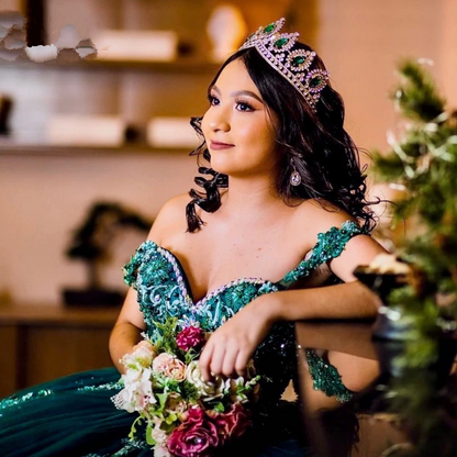Vestido de quinceañera verde oscuro, vestido de quinceañera con lentejuelas y cuentas, vestido de baile