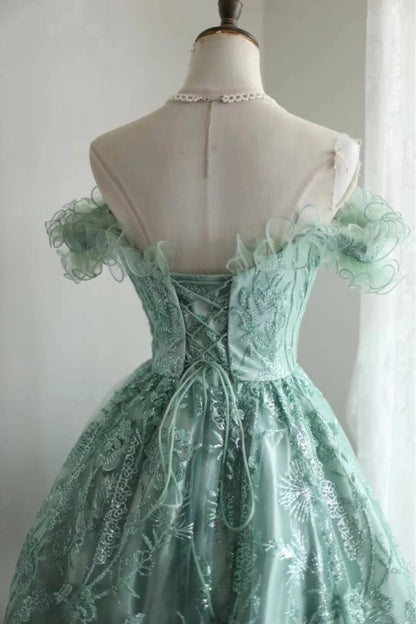 Green girl cute one shoulder flower bud print short princess dress adult birthday party homecoming dress gh4325