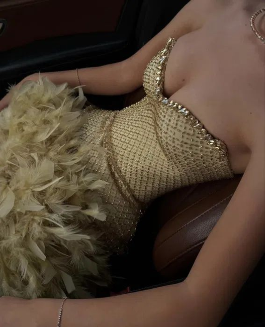 Gorgeous Sweetheart Strapless Sequin Feathers Yellow Cocktail Dress A-Line Short Party Dress S518