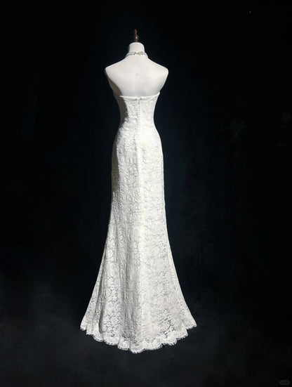 White Retro Fashion Sweetheart Neck Elegant Exquisite Lace Long Lace Tulle Floor Length Trailing Ball Gown Evening Gown Prom Gown Wedding Dress gh3873