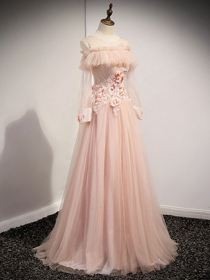 Vestido de fiesta largo de tul con cuello redondo rosa y encaje, vestido de dama de honor de encaje rosa