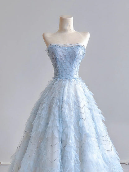 shopuniqlos--Light blue organza fairy long floor-length tulle prom dress wedding dress gh5487