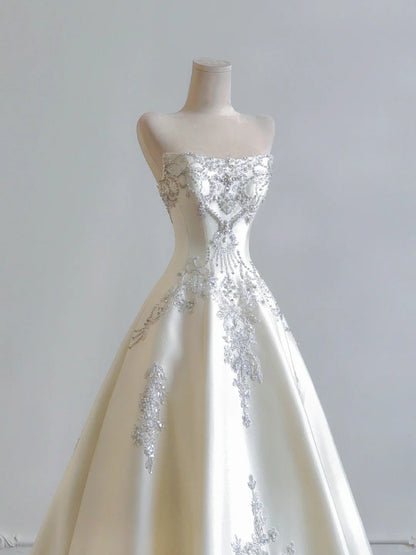 shopuniqlos--White exquisite beaded long satin prom wedding dress gh5482