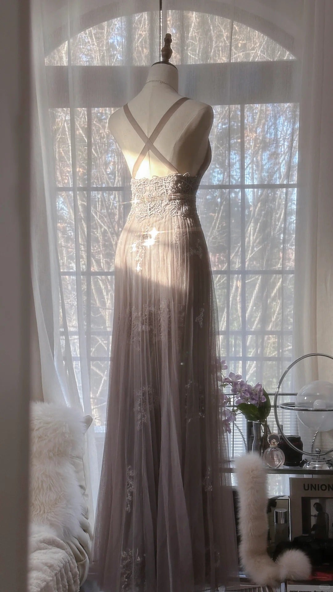 Gray Purple Romantic Fashion Elegant Exquisite Lace Floral Applique Long Tulle Fairy Ball Gown Evening Dress Birthday/Wedding Guest/Holiday Party Dress Prom Dress Valentine's Day Date Dress Bridesmaid Dress gh4031