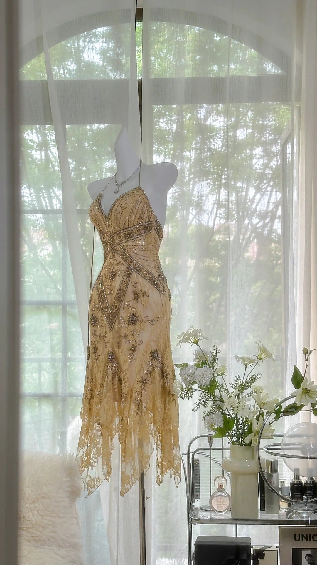 Vintage Sequin Appliques Spaghetti Strap A-line V-neck Irregular Hem Party Dresses Homecoming Dresses, TP3781