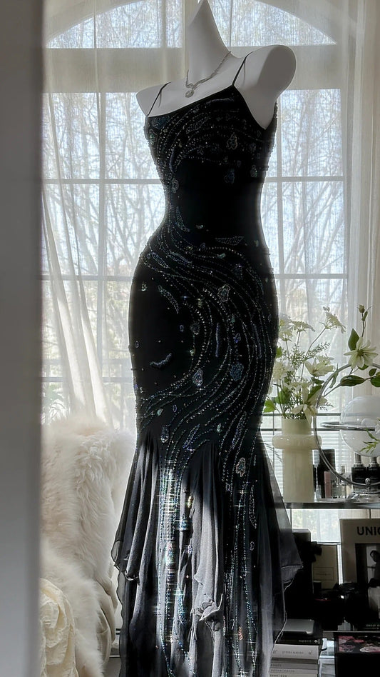 Black Shiny Luxury Gorgeous Exquisite Beaded Long Mermaid Mermaid Dress Chiffon Fairy Ball Dress Evening Dress Wedding Guest Party Dress Prom Dress Date Dress Graduation Dress gh3992