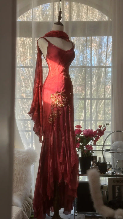 Red Romantic Fashion Elegant Exquisite Lotus Gold Beaded Long Chiffon Fishtail Skirt Mermaid Slim Ball Gown Evening Dress Birthday/Wedding Guest/Holiday Party Dress Prom Dress Valentine's Day Date Dress gh4029
