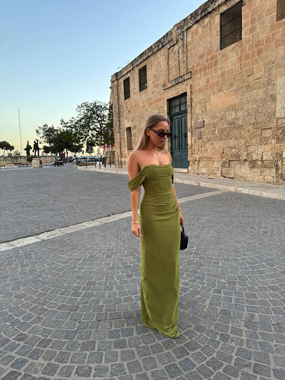 Elegante vestido de noche verde con hombros descubiertos para invitada de boda, vestidos de graduación de verano DP759