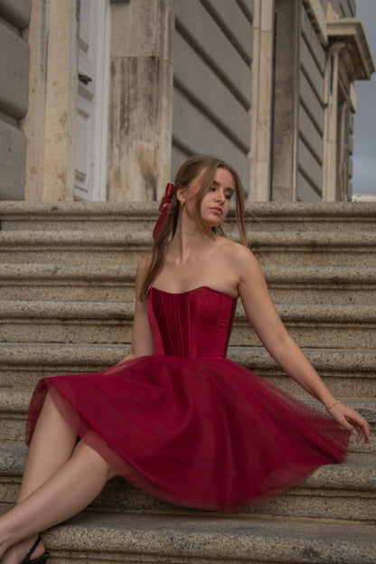 Burgundy A Line Strapless Satin Tulle Mini Homecoming Dress Cocktail Dress SH3724