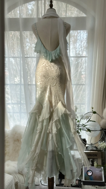 Elegant Mermaid Sparkling Beaded Spaghetti Strap Romantic Chiffon Evening Dress Prom Dresses TP3981