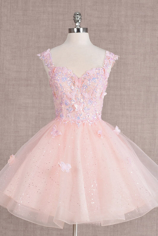 Cute Pink 3D Butterfly Design A-line Tulle Backless Short Homecoming Dress TP3401