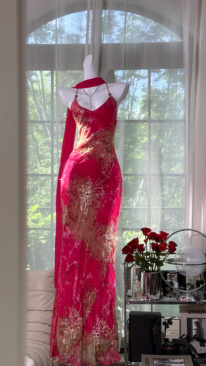 Vintage Red Floral Long Prom Dress Sheath Chiffon Spaghetti Strap Backless Formal Dress TP4552