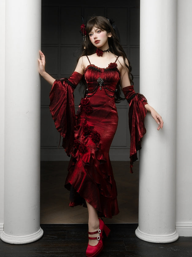 Hermoso vestido de noche de satén color burdeos con tirantes finos, roseta 3D y mangas con volantes desmontables TP2764