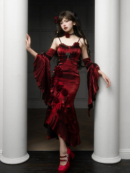 Hermoso vestido de noche de satén color burdeos con tirantes finos, roseta 3D y mangas con volantes desmontables TP2764
