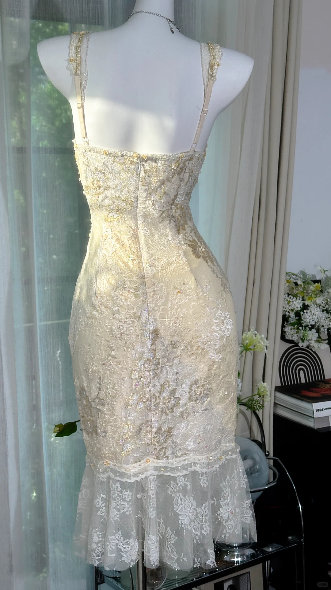 Vestido vintage de encaje color marfil para fiesta de bienvenida, con lentejuelas brillantes y escote en V, vestido de cóctel TP4553