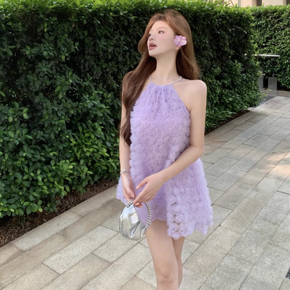 Fashion Purple 3D Flowers Tulle Design A-line Halter Homecoming Dress TP3707