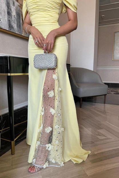 Trendy Mermaid Off the Shoulder Yellow Long Party Dress with Lace Split Front