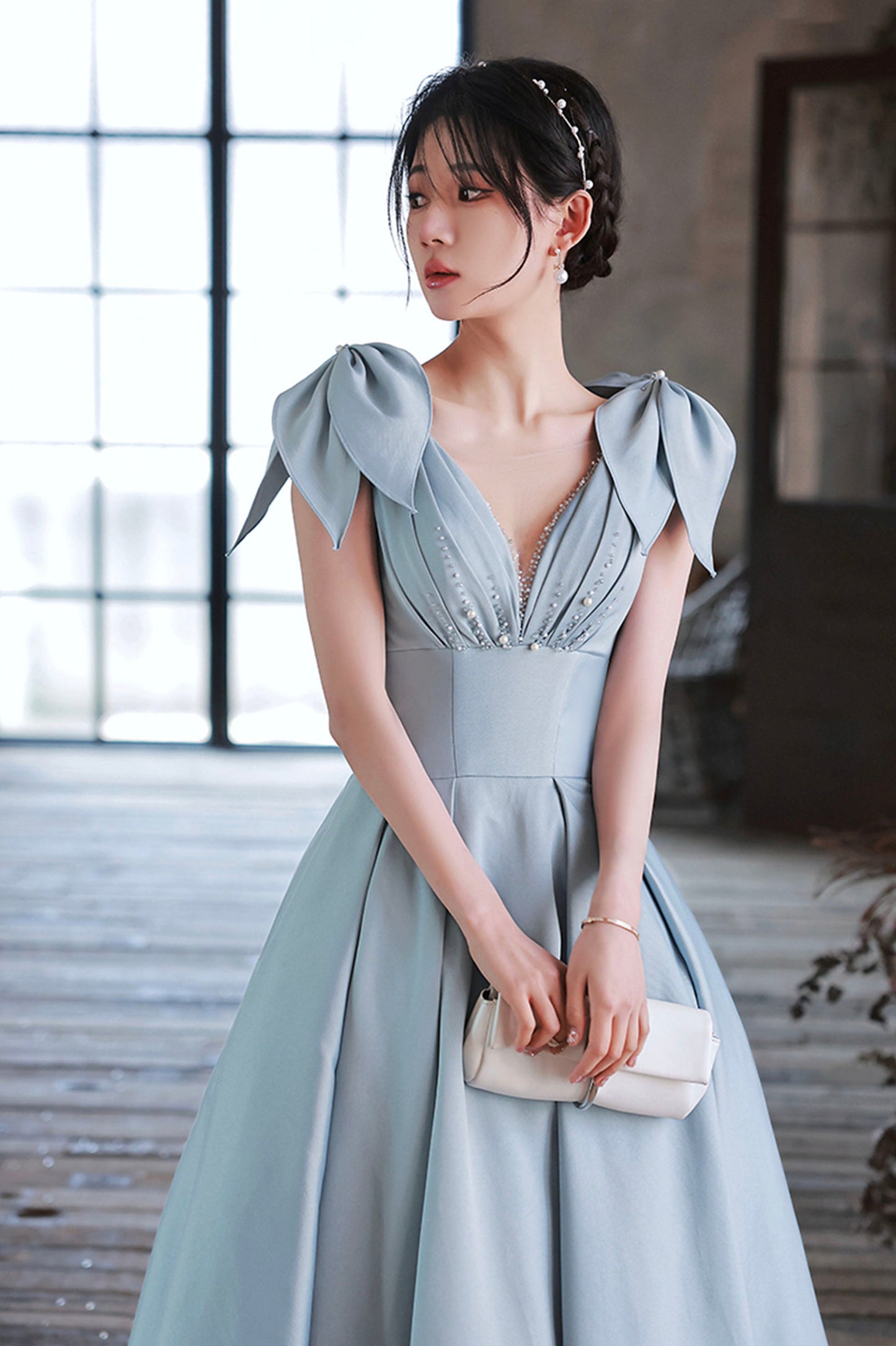 Blue Satin Long A-Line Prom Dress, Lovely Blue Graduation Dress with Bow