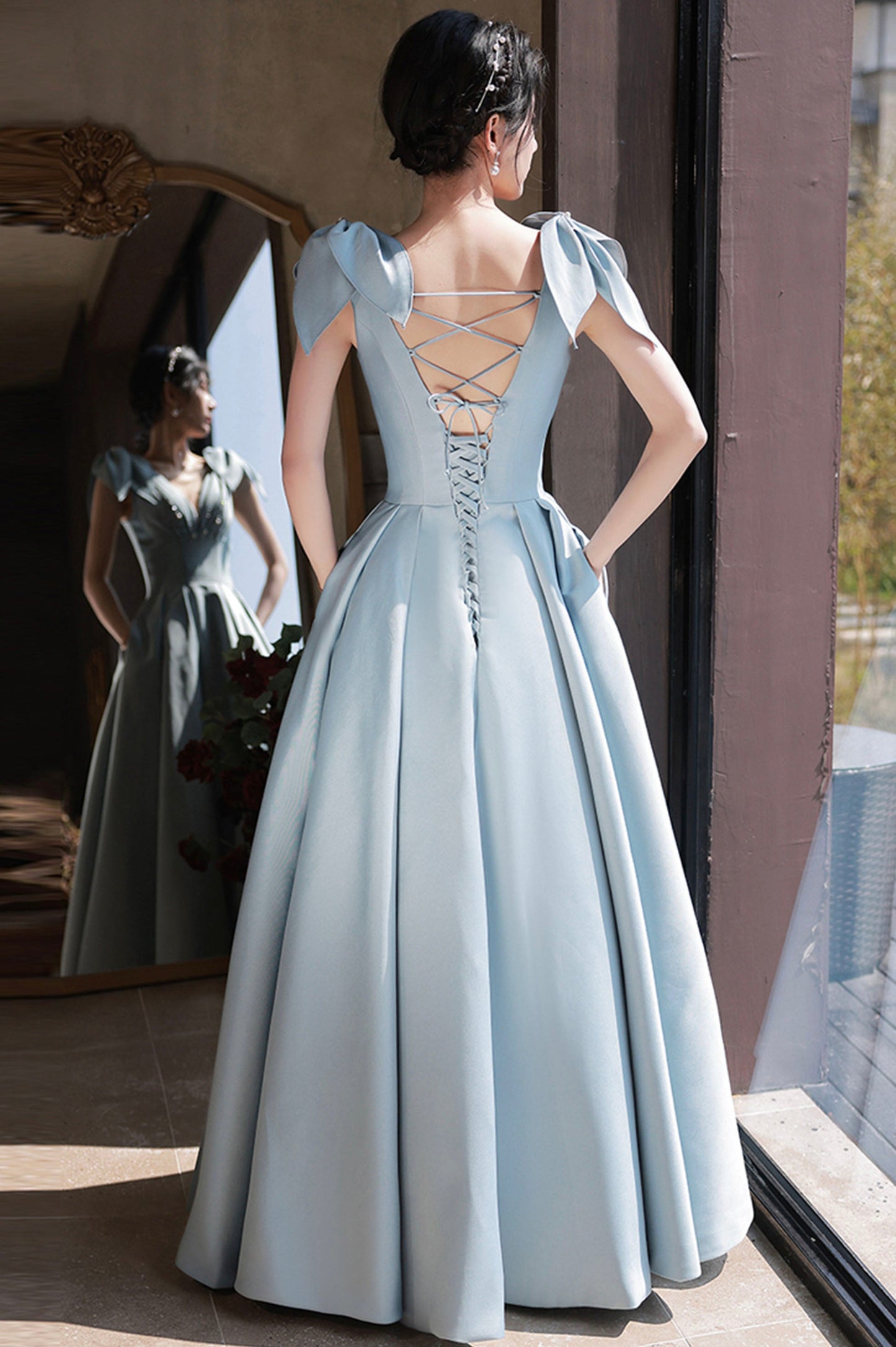 Blue Satin Long A-Line Prom Dress, Lovely Blue Graduation Dress with Bow