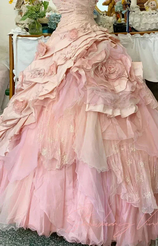 Elegante vestido de quinceañera rosa con flores 3D, corte A, largo hasta el suelo, para fiesta de cumpleaños, noche, baile, TP4421