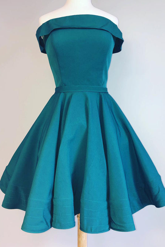 Vestido corto de fiesta verde azulado con hombros descubiertos